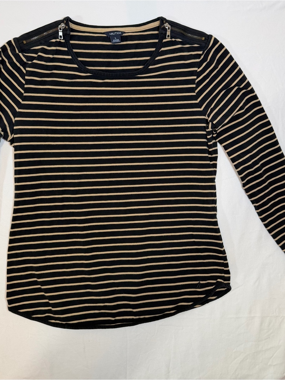 Nautica Black and Cream Striped Long Sleeve Top with Shoulder Zippers